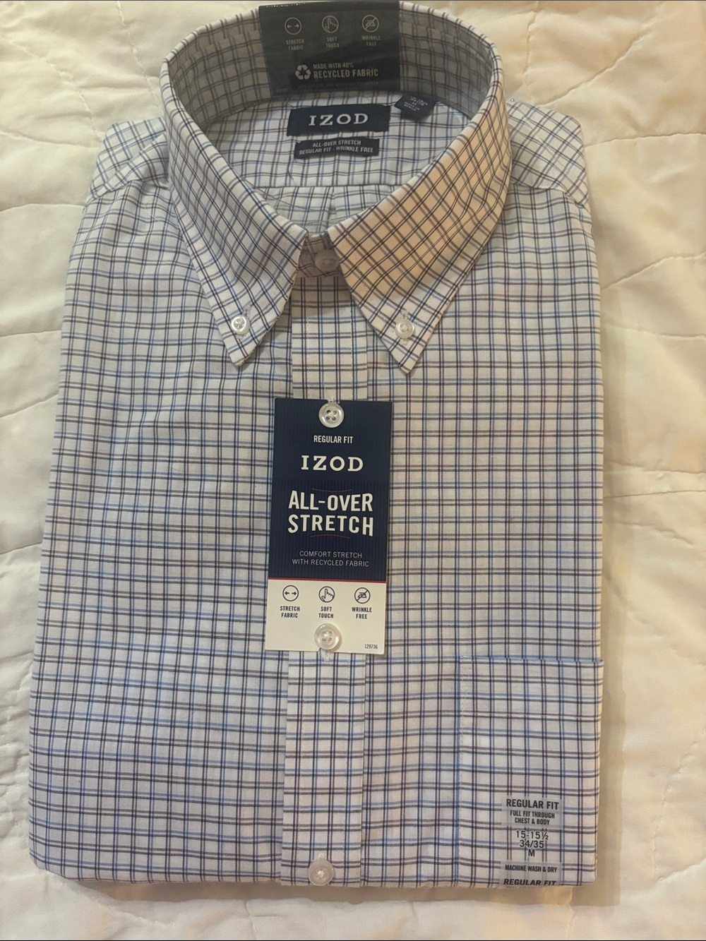 NWT Izod Men's White and Blue Plaid Button-Down Shirt size 15-151/2